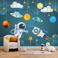 Papel de Parede  Astronauta Com Planetas Personalizado- Adesivo Autocolante