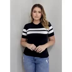 Blusa Feminina Listra Tricô Manga Curta Tricot Blogueira