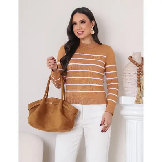 Blusa Feminina Tricot Listra Gola Redonda Inverno