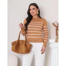 Blusa Feminina Tricot Listra Gola Redonda Inverno