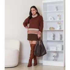 Blusa Feminino Tricot Gola Alta Removivel Inverno Trico Listra