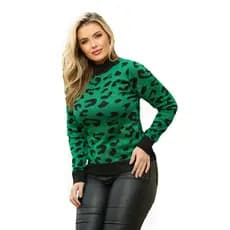 Blusa Feminina Tricô Onça Animal Print Xela Malhas Tricot