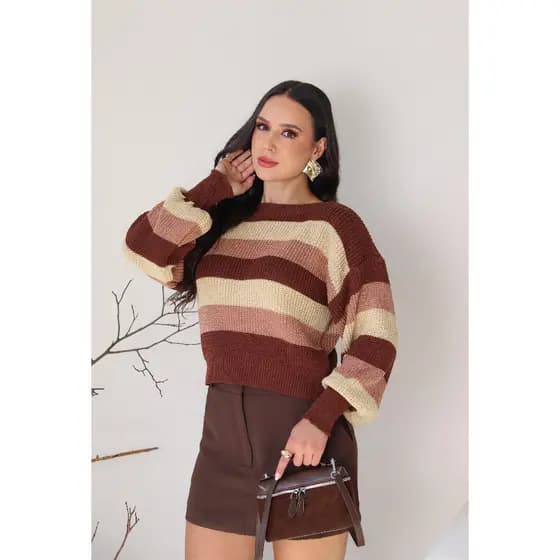 Blusa Feminino Listra Manga Longa Tendencia Inverno Tricot Moda Tricô