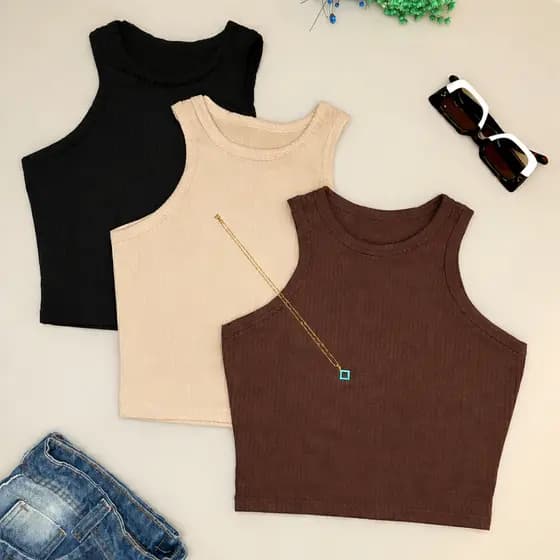 Kit 3 Cropped Nadador Canelado Blusa Regata