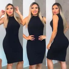 Vestido Feminino Canelado Midi Tubinho Gola Alta Evangélico Sem Bojo Linda