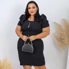 Vestido Midi Plus Size Canelado Manga Bufante Princesa