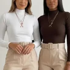 Kit 2 Cacharrel Gola Alta Ribana Canelada Manga Longa Blusa Feminina Inverno