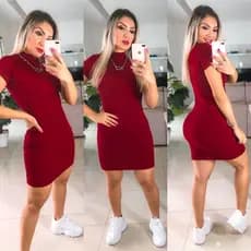 Vestido Manga Curta com Gola Canelado Curto Tubinho Casual Varias Cores