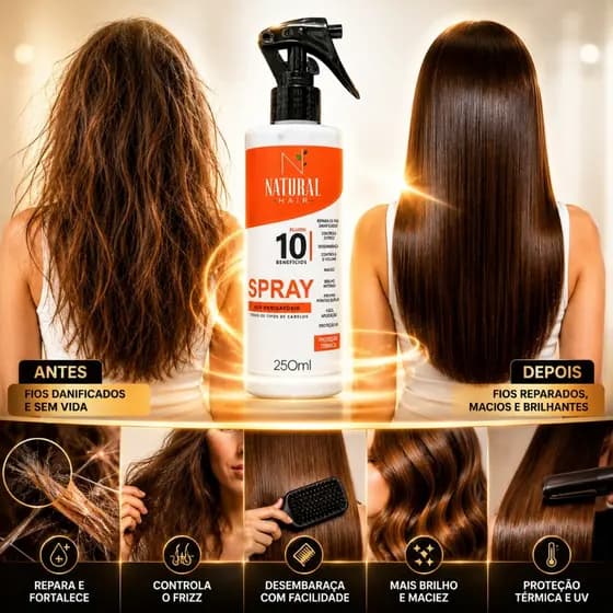 Spray Uso Obrigatório Natural Hair 250ml 10 Benefícios Leave-in Protetor Térmico e UV