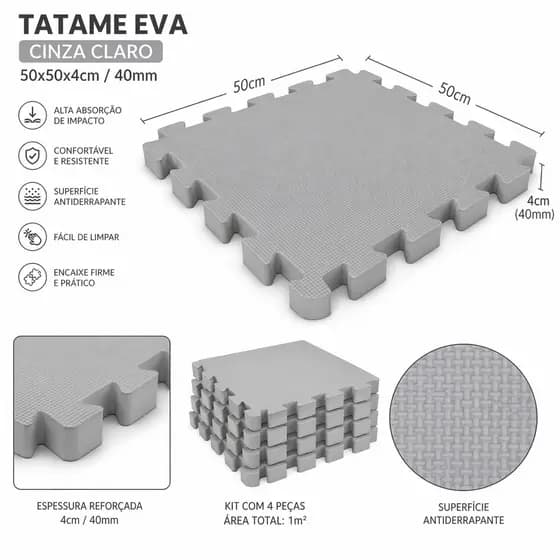 Kit 4 Tatames Tapetes EVA 50x50x4cm 40mm Cinza Claro Linha Premium com Bordas Acabamento