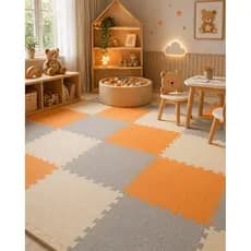 Kit 6 Tatames Tapete EVA 50x50x1cm 10mm Cinza Claro Creme e Laranja Premium com Bordas de Acabamento