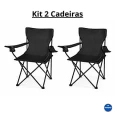 kit 2 Cadeira Dobrável Preta e Azul com Porta Copos Pesca Praia Acampamento