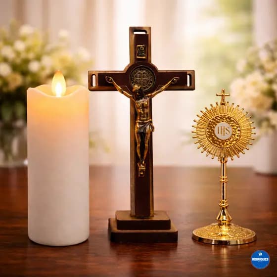 LIKit Religioso Ostensório 10cm Dourado + Crucifixo 15cm + Vela LED LISA