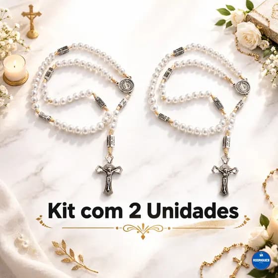 Kit 2 Terços São Bento Perolas Brancas Mistério Das Contemplação Rosário