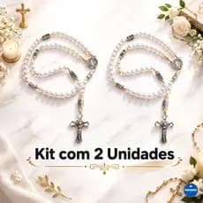 Kit 2 Terços São Bento Perolas Brancas Mistério Das Contemplação Rosário