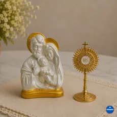 Kit Sagrada Família Gesso Premium Branca e Dourada 14cm + Ostensório 10cm Decoração Religiosa
