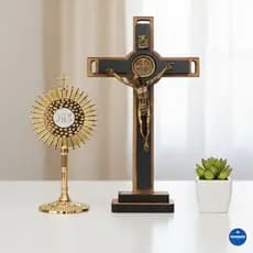 Kit Religioso Ostensório 10cm + Crucifixo São Bento 15cm Madeira Proteção Fé