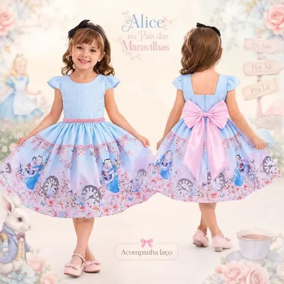 Vestido Infantil Menina Temático Roupa Infantil Alice No País Das Maravilhas Personagem Encantado