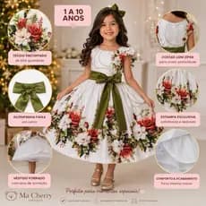 Vestido infantil Verde Oliva menina Estampado Floral dia da criança Aniversário Casamento Princesa