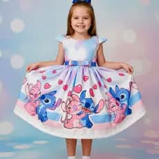 Vestido Infantil Lilo e Stich Angel estampadoTemático Menina Aniversário presente criança dia das crianças