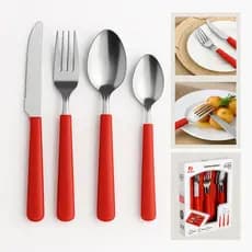 Jogo Talheres 25 Peças Vermelho Aço Inox Cozinha Mesa Jantar Completa com Bandeja