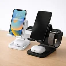 Organizador de Mesa com Passagem de Cabos - Suporte de Carregamento 3 em 1 para Celular, Relógio e Fones