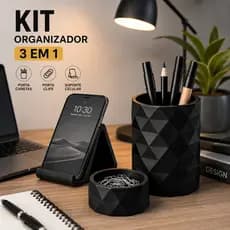 Kit Organizador de Mesa 3 em 1 Porta Canetas Porta Clips Suporte para Celular Home Office