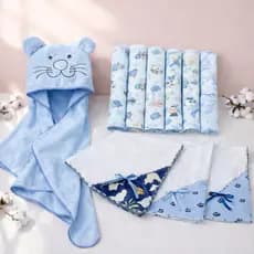 Kit Enxoval Bebê 15 Peças Toalha de Banho Bebê Bordada + 11 Fraldinhas + 3 Manta Fralda 100% Algodão