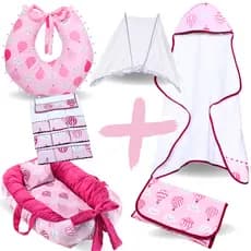 Kit Ninho Redutor de Berço + Toalha Bebê + Almofada + Trocador + Mosquiteiro Portátil + Toalha Boca
