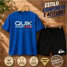 Kit Camisa Masculina e Short Estampada Quiksilver Tagline Streewear Sk8 Surf Adventure Algodão Conforto