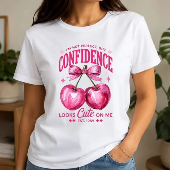 Camiseta Feminina Básica Estampa Cereja Confidence Confortável Estilosa Casual