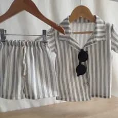 Conjunto Infantil Camisa e Short Linho listrado neltro