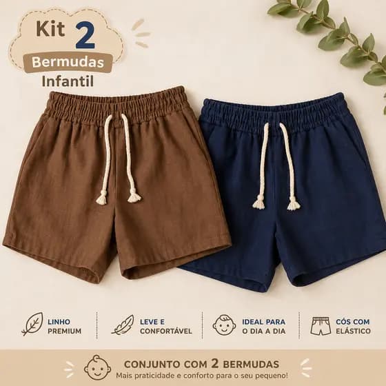 Kit 2 Shorts mauricinho infantil em linho tamanho 1,2,4 e 6 anos