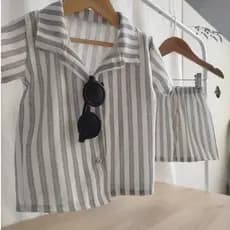 Conjunto de Camisa e Short Mauricinho - Tecido em linho com listras e liso leve e confortável para bebê de 1 a 6 anos