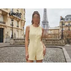 Macacão Casual de Botão com Bolso Primavera/verão Amarelo Macio e Confortável para mulheres Tamanho: S (P)