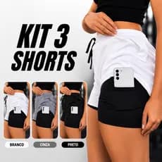 Kit 3 Shorts Duplo Feminino 2 em 1 Dryfit com Bolso Academia Crossfit