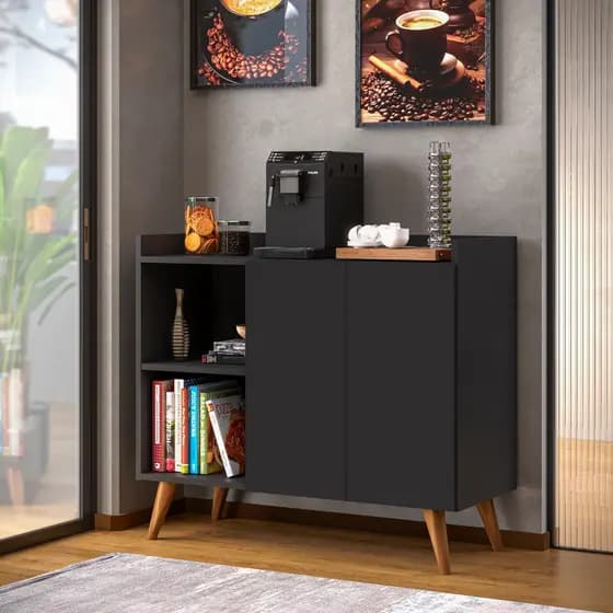 Aparador Buffet Cantinho Café Decoração Sala Jantar Estar Cozinha 2 Portas e Prateleiras (Preto)