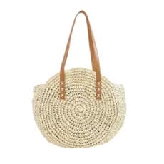 Bolsa Transvesal Feminino Verão De Palha Redonda De Praia Vintage Mulher Alça de Couro Grande