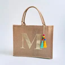 Bolsa Juta Personalizada Letra Dourada Brinde Inicial Praia Ecologica