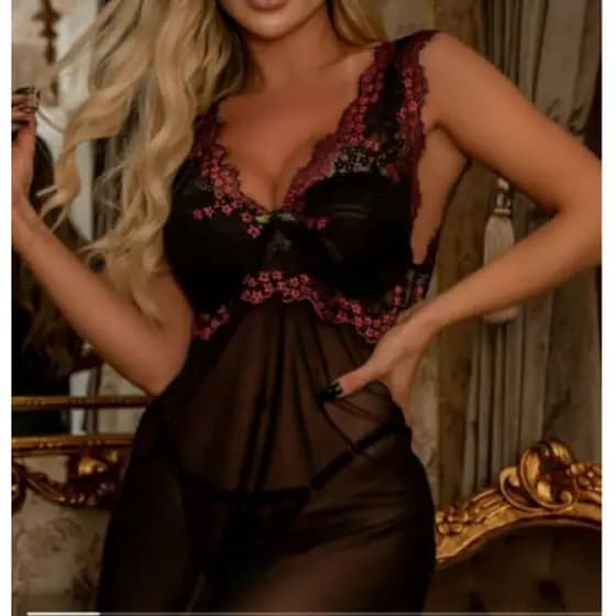 Camisola Feminina Tule Bojo Estruturado Com Aro Luxo - Renda Bicolor  / Acompanha Calcinha