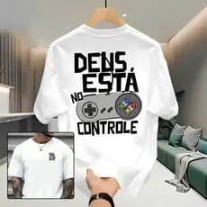 Camiseta Masculina Streetwear 100% Algodão Estampada Deus no Controle Camisa Unissex Premium