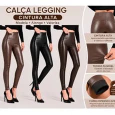 Calça Legging Feminina Couro Sintético Cintura Alta Skinny Forro Leve Modeladora Premium