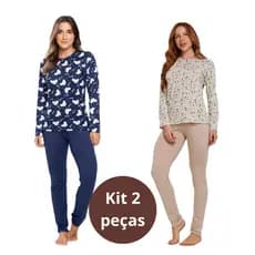 kit 2 Pijama feminino inverno SUEDE longo pijama suede feminino inverno estampado pijama feminino