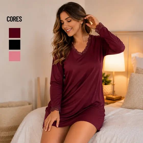 Camisola Manga Longa com renda Feminina Lisa Inverno Confortável linha noite plus Size
