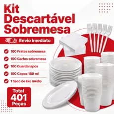 Kit Descartáveis Para Sobremesa 401 Peças Pratos Garfos Copos Guardanapos Saco De Lixo