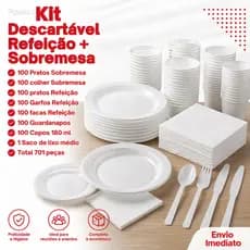 Kit Descartáveis Refeição e Sobremesa 701 Peças: Pratos Garfos Facas Colher Guardanapos Copos