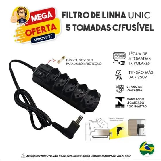 Filtro de Linha Cabo (Régua, Protetor eletrico) 5 tomadas cabo de 90 graus