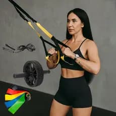 Fita de Suspensão TRX + Kit 5 Faixas Elásticas + Roda Abdominal + Corda de Pular – Academia e Treino Funcional – Oferta