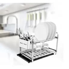 Escorredor Secador Inox 16 Pratos Louca Louça Porta Talheres Inox Mais Bandeja Coletora Preta