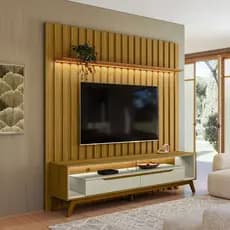 Rack Duo Pés Madeira e Painel Ripado com Led London 177cm TV 70 Polegadas - Olivar Móveis